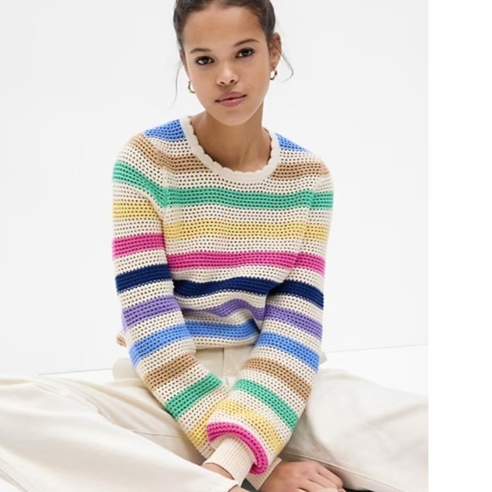 Gap Rainbow Striped Crochet Crewneck Sweater XS Preppy Coastal Colorful